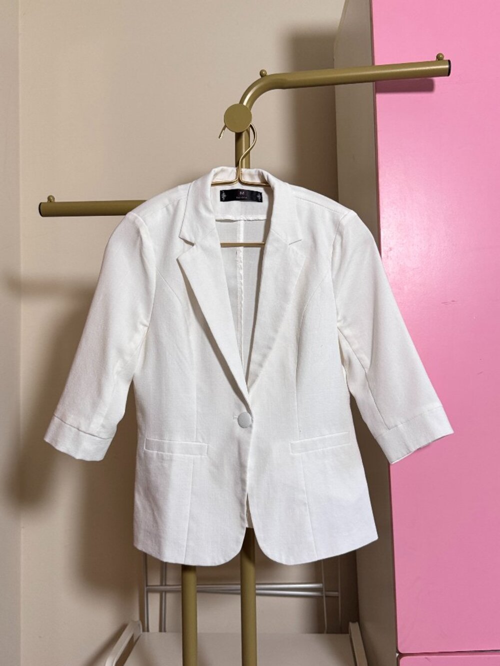 White Linen Blend 3/4 Sleeve Blazer